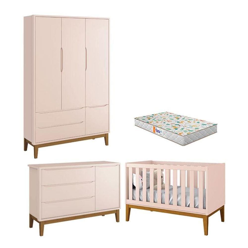 Quarto de Bebê 3 Portas New Classic Rosa com Pés Madeira e Colchão Gazin - Reller