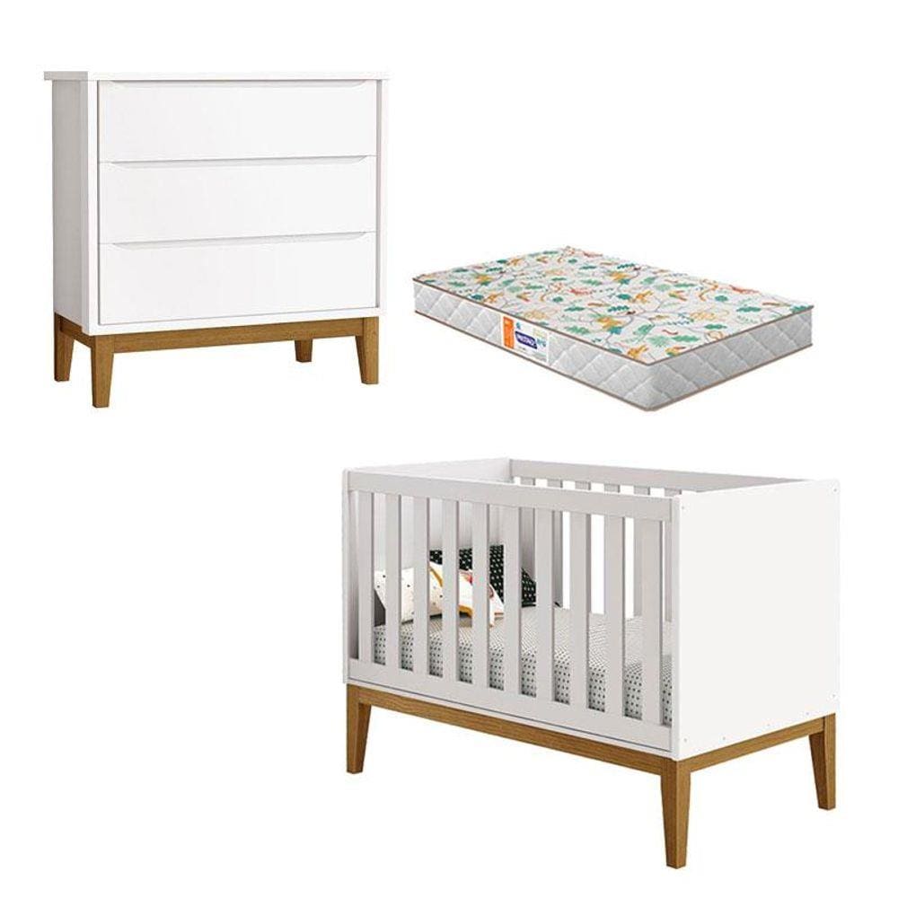 Berço Americano e Cômoda Gaveteiro New Classic Branco com Pés Madeira e Colchão Gazin - Reller