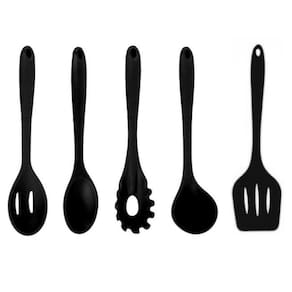 Jogo Colheres Utensílios Silicone Maciço Preto 5 Peças