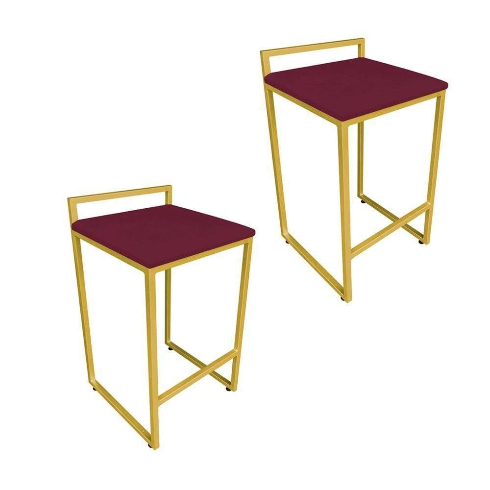 Conjunto 02 Banquetas Pietra Suede Base Dourado Vinho