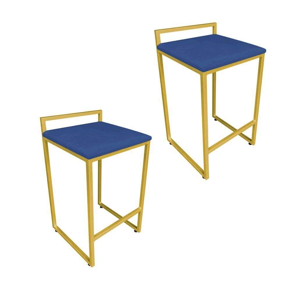 Conjunto 02 Banquetas Pietra Suede Base Dourado Azul Royal