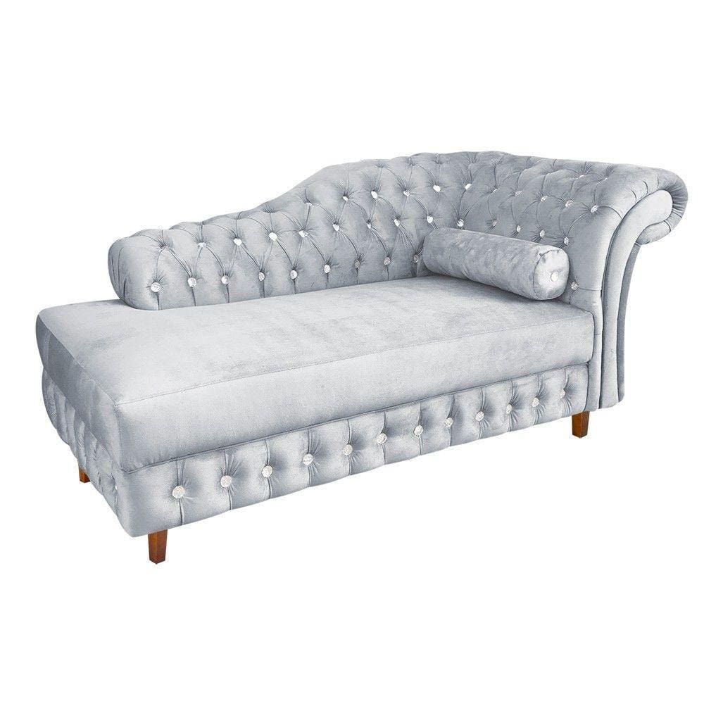 Divã Chesterfield Capitonado Cinza com Strass Suede Drossi