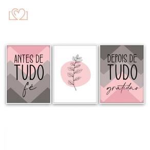 3 Quadros Kit Antes De Tudo Fé Depois Gratidão Rosa 32x23Cm
