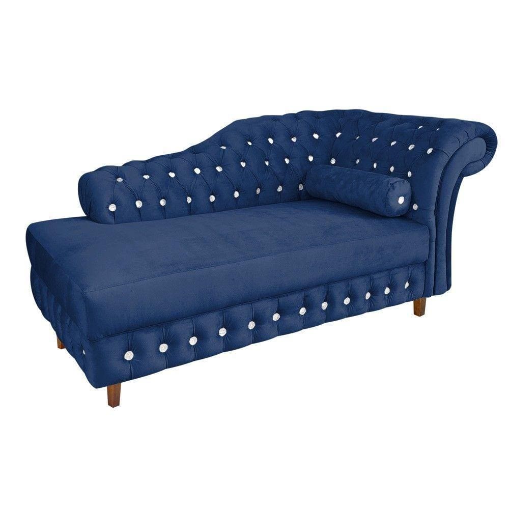 Divã Chesterfield Capitonado Azul Marinho com Strass Suede
