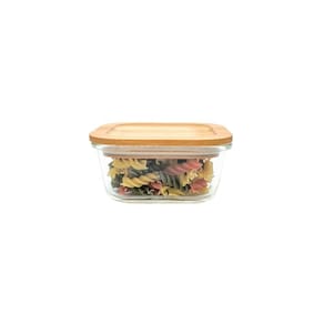 Pote 320Ml De Vidro Com Tampa De Bambu Quadrado Raso - Oikos