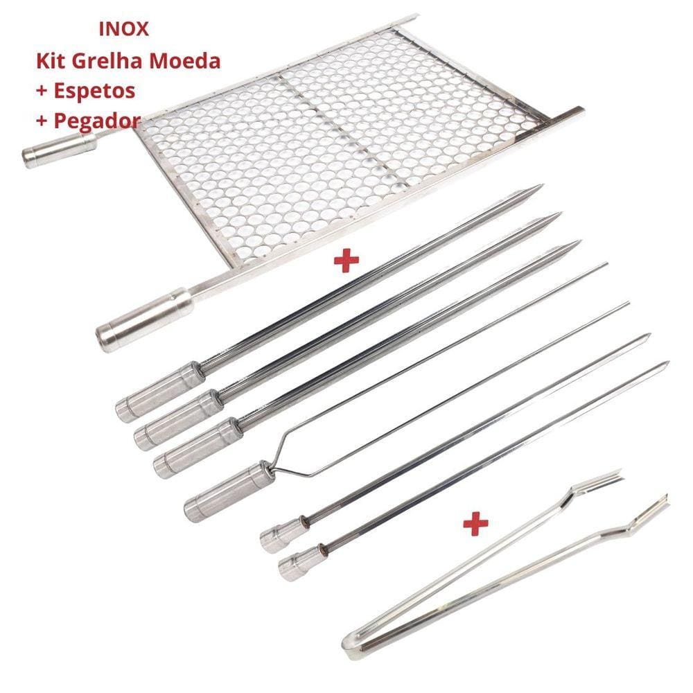 Kit Espetos com Grelha Inox 70x50 E Pegador Carnes Churrasco