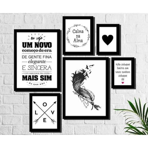 Kit 6 Quadros Decorativos Pena E Frases Preto | Casas Bahia