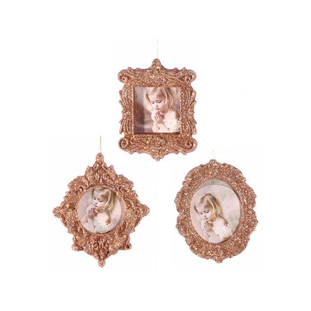 Kit Porta Retrato Gliter Rosê Gold Para Árvore Natal 10cm 3 Peças - Magizi
