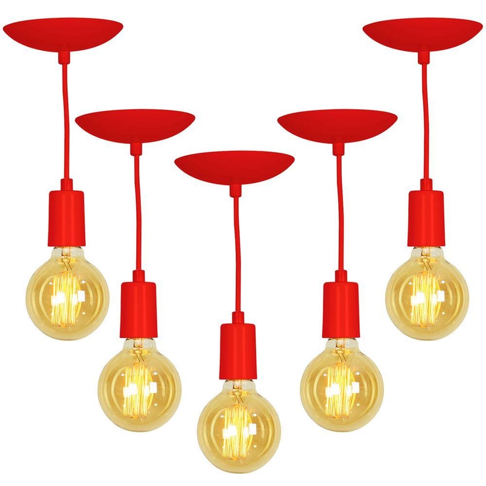 Kit 5 Pendente Tubo Cilindro Alumínio Vermelho Fio 1.20m