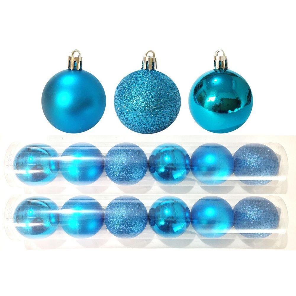 Kit 12 Bolas Natal Mista Glitter, Fosca, Lisa Azul Turquesa 8cm - Master Christmas