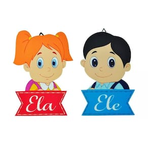 2 Placa Decorativa De Quarto - Banheiro Infantil - Ele E Ela