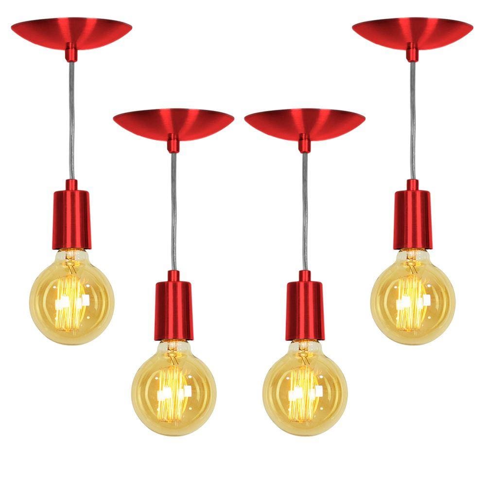Kit 4 Pendente Tubo Cilindro Alumínio Cereja com Lampada