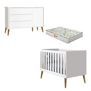 Berço Americano e Cômoda Infantil 1 Porta Theo Branco Pés Amadeirados com Colchão Gazin - Reller