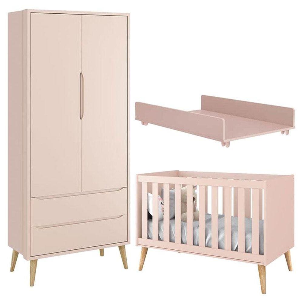 Berço Americano e Guarda Roupa Theo 2 Portas Rosa com Pés Madeira Natural com Trocador Juju - Reller