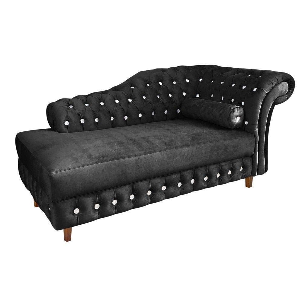 Divã Chesterfield Capitonado Preto com Strass Suede Drossi