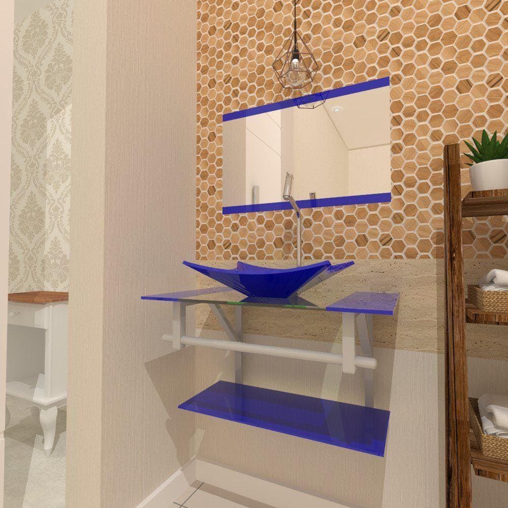 Gabinete Vidro 60Cm Cuba Retangular Azul Escuro + Torneira