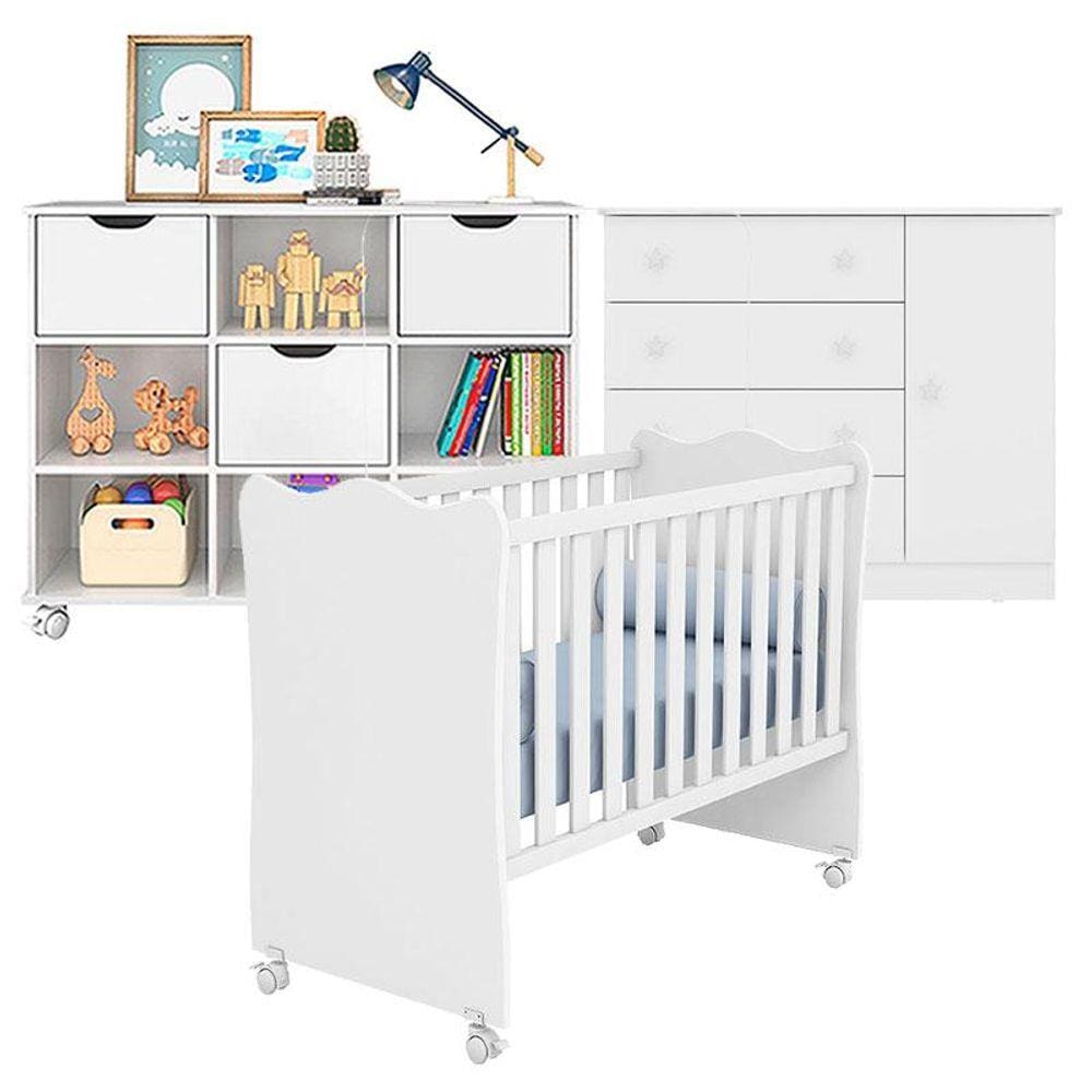 Berço Nacional 102 e Cômoda 2561 com Nicho Organizador 3 Gavetas Branco Brilho - Qmovi