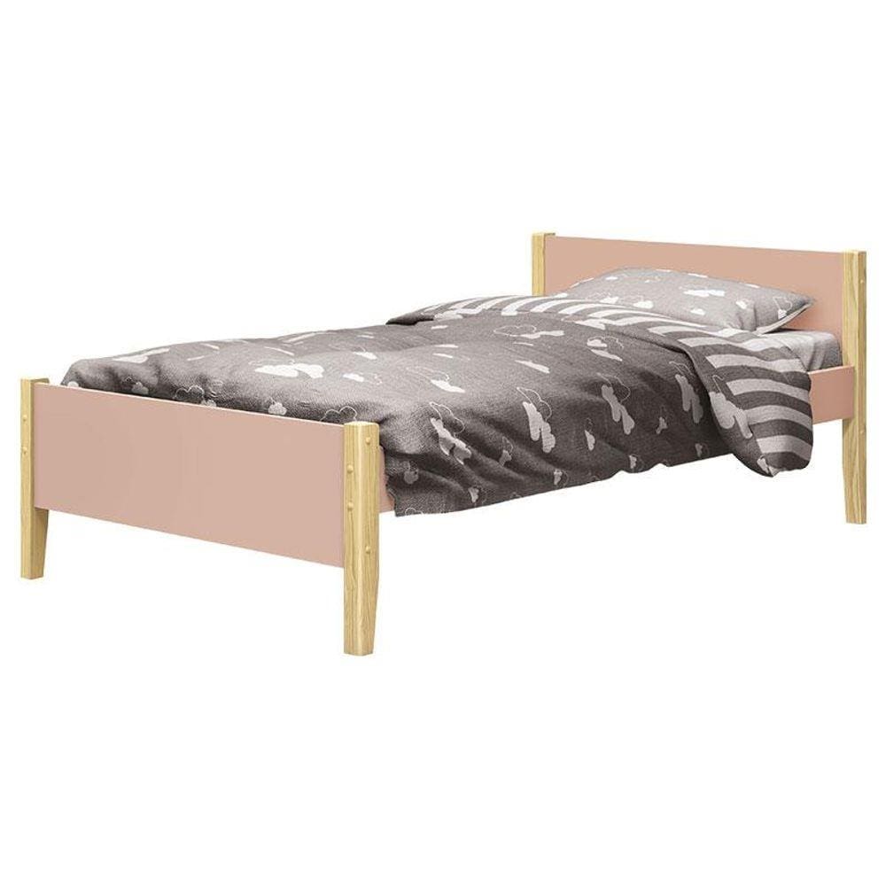Cama Solteiro Simba Rosa Acetinado com Pés Natural - Reller