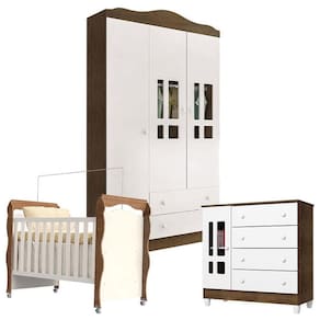 Quarto de Bebê Ariel 3 Portas com Berço New Nanda Branco Acetinado Amadeirado - Carolina