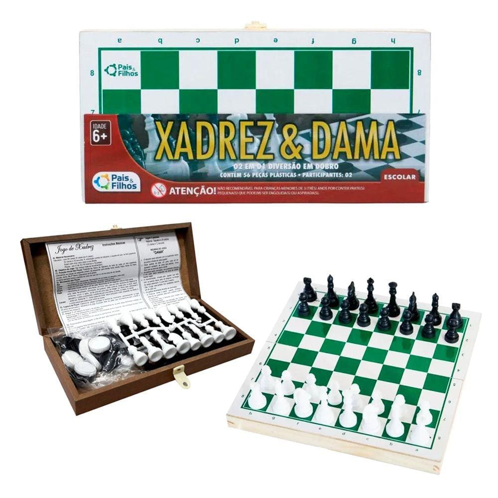 Jogo Xadrez E Dama Peças E Tabuleiro Em Madeira 40 X 40Cm na