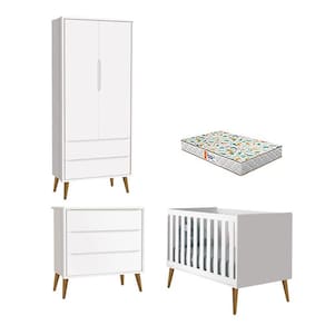 Quarto de Bebê 2 Portas e Cômoda Gaveteiro Theo Branco Pés Amadeirados com Colchão Gazin - Reller