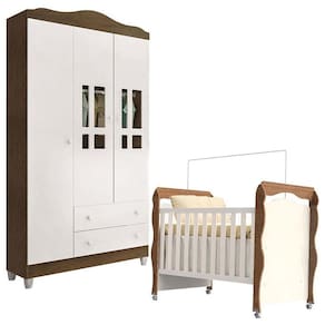 Berço Americano New Nanda e Guarda Roupa Infantil Ariel 3 Portas Branco Acetinado Amadeirado - Carolina