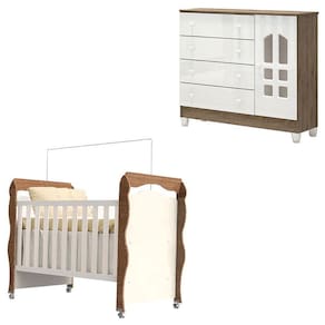 Berço Americano New Nanda e Cômoda Infantil Selena Branco Acetinado Amadeirado - Carolina