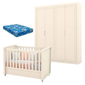 Berço Americano com Guarda Roupa Tutto New 4 Portas Off White e Colchão - Matic