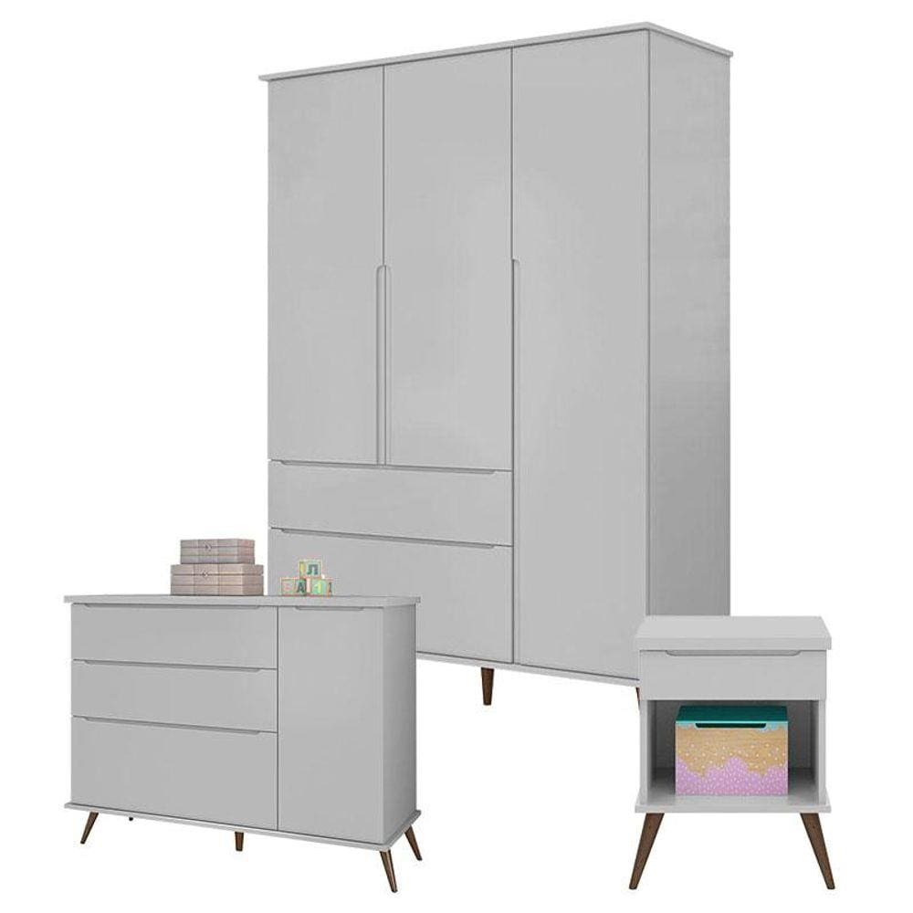 Cômoda e Guarda Roupa com Mesa de Apoio Alice Cinza Acetinado - Phoenix baby