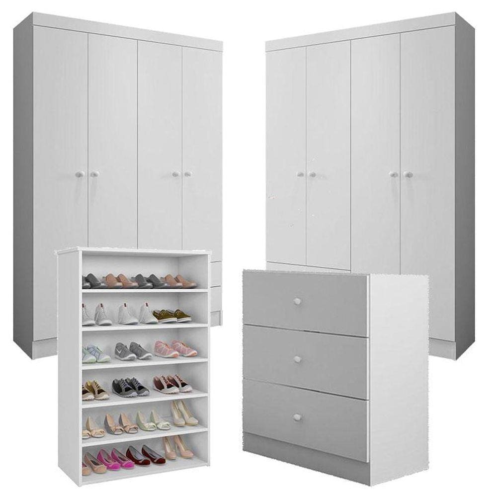 Cômoda e 02 Guarda Roupa Louise e Sapateira Laís Branco Brilho - AJL