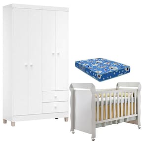 Berço Americano Mirelle com Colchão e Guarda Roupa Ternura Baby 4 Portas Branco Flex - Incorplac