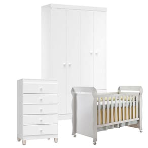Quarto de Bebê 4 Portas com Gaveteiro Ternura Baby e Berço Mirelle Branco Brilho - Incorplac