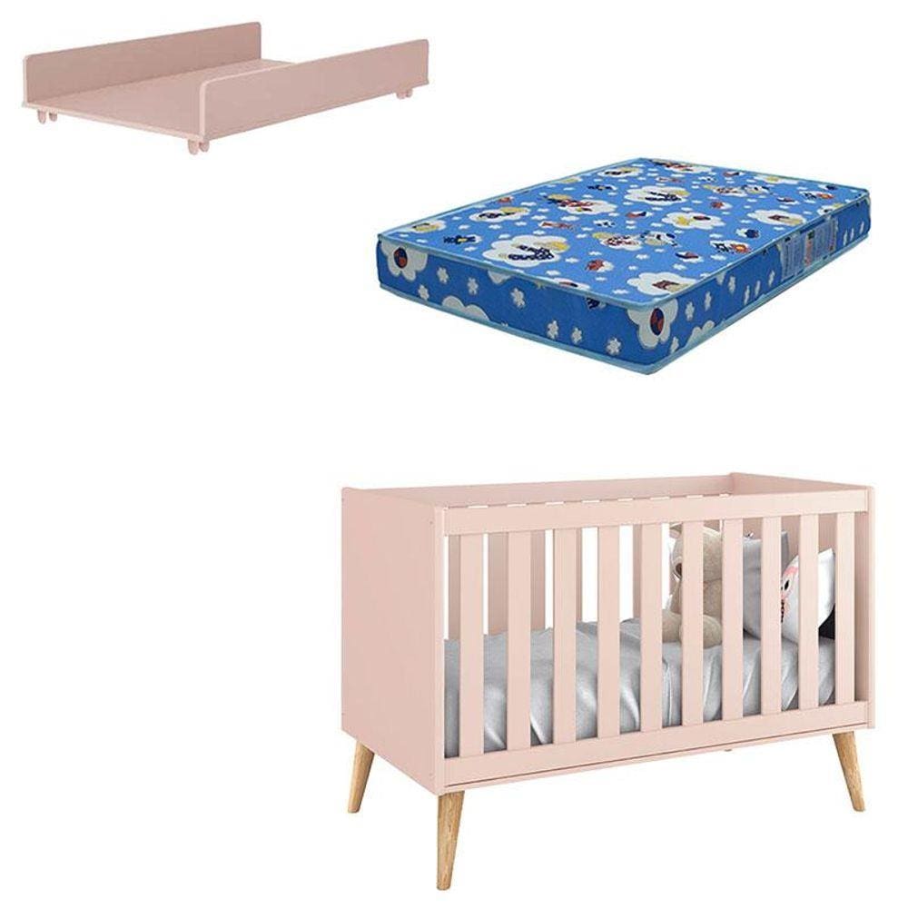 Berço Americano Theo com Trocador Juju Rosa Natural e Colchão - Reller