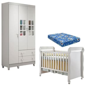 Berço Americano Mirelle e Guarda Roupa Mariah 3 Portas Branco Brilho com Colchão - Carolina