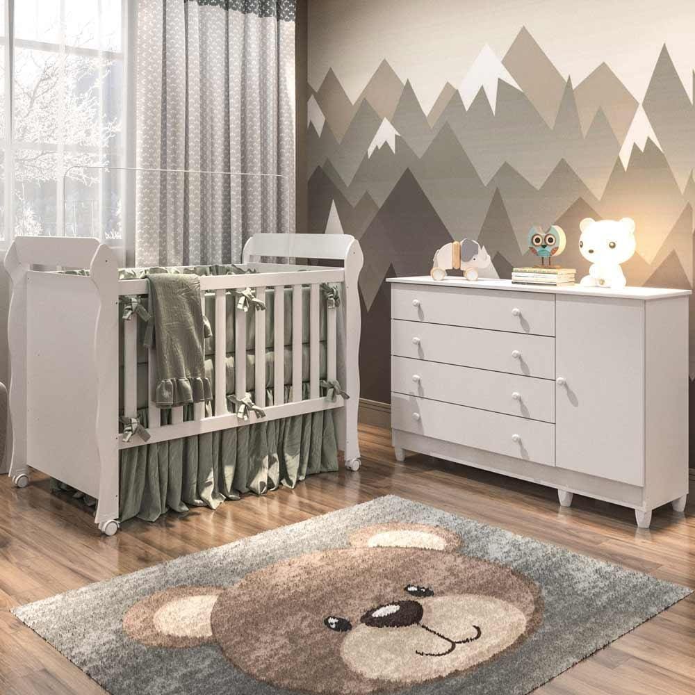 Quarto de Bebê Cômoda 4 Gavetas com Fraldário Taís Berço Mini Cama Mirelle Branco Brilho Carolina Baby