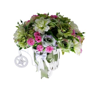 Bicicleta Branca Com Rosas Verdes E Bege E Kalanchoe Rosas