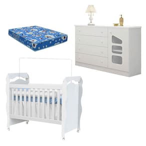 Berço Americano New Nanda com Cômoda Eloisa Branco Brilho e Colchão Ortobom - Phoenix