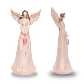 Anjo De Resina Decorativo Cor Rosa Com Coração 23Cm