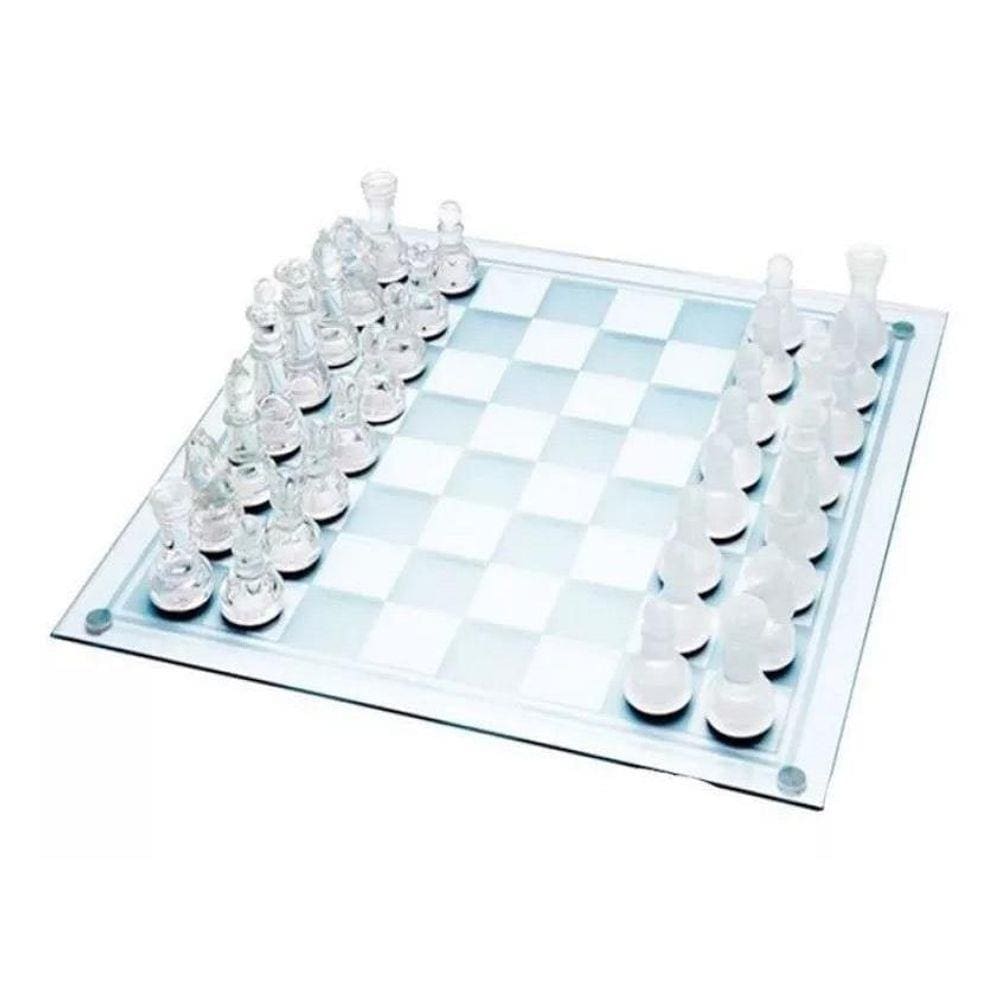 Jogo De Xadrez Tabuleiro E Peças Em Vidros Decoração 25X25Cm