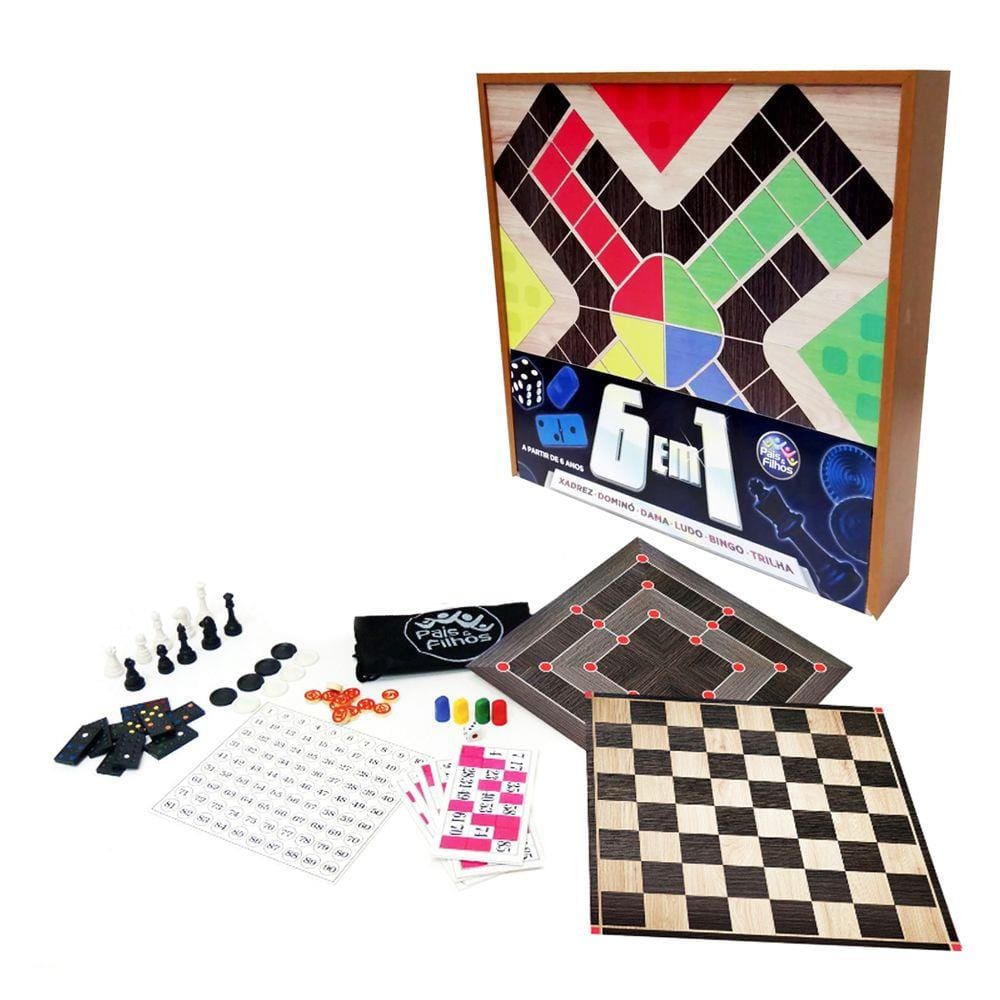 Conjunto 6x1 jogos tabuleiro xadrez damas trilha ludo junges