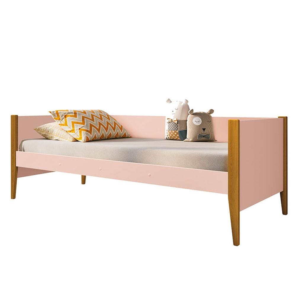 Cama Solteiro Noah Rosa com Pés Amadeirado - Reller