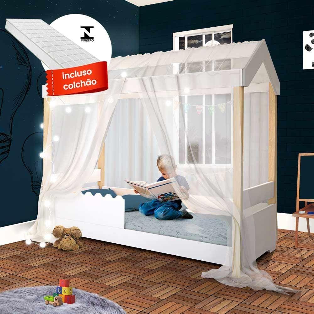 Cama Montessoriana Solteiro Com Led Voal Branco E Colchão Jhulia Divaloto - Branco