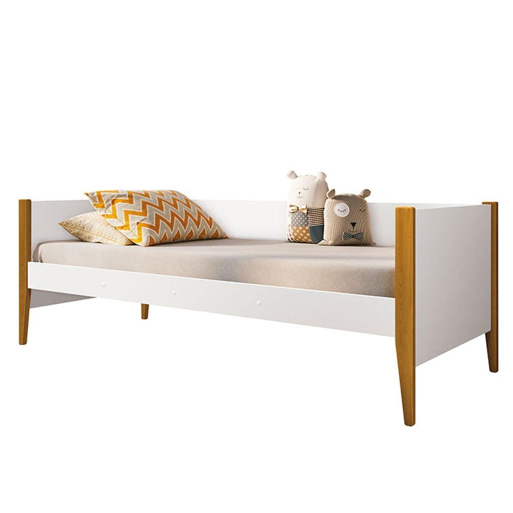 Cama Solteiro Noah Branco Acetinado com Pés Amadeirado - Reller