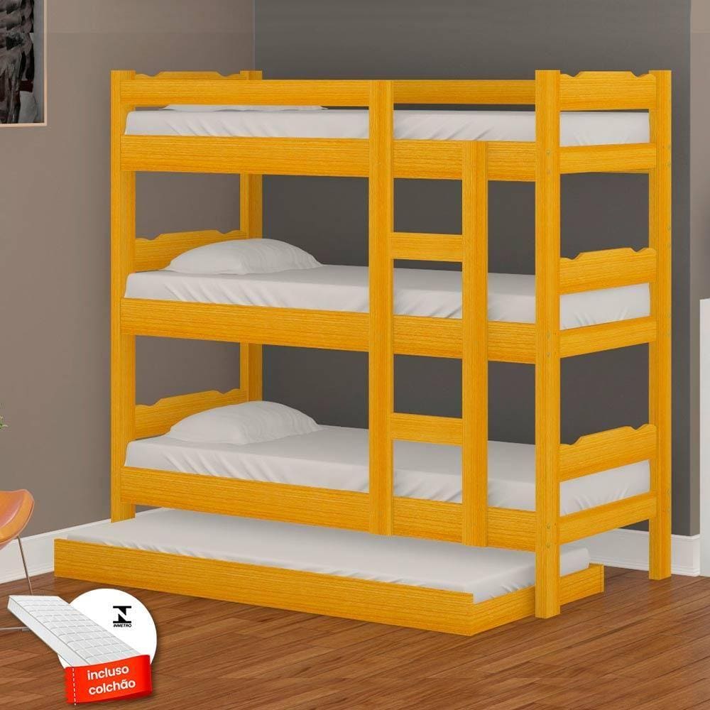 Treliche Madeira Maciça Com Auxiliar E 4 Colchões Cerejeira Esmeralda Nemargi - Laranja