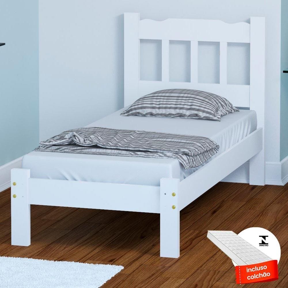Cama De Solteiro Branca Madeira Maciça Com Colchão Perola Nemargi - Branco
