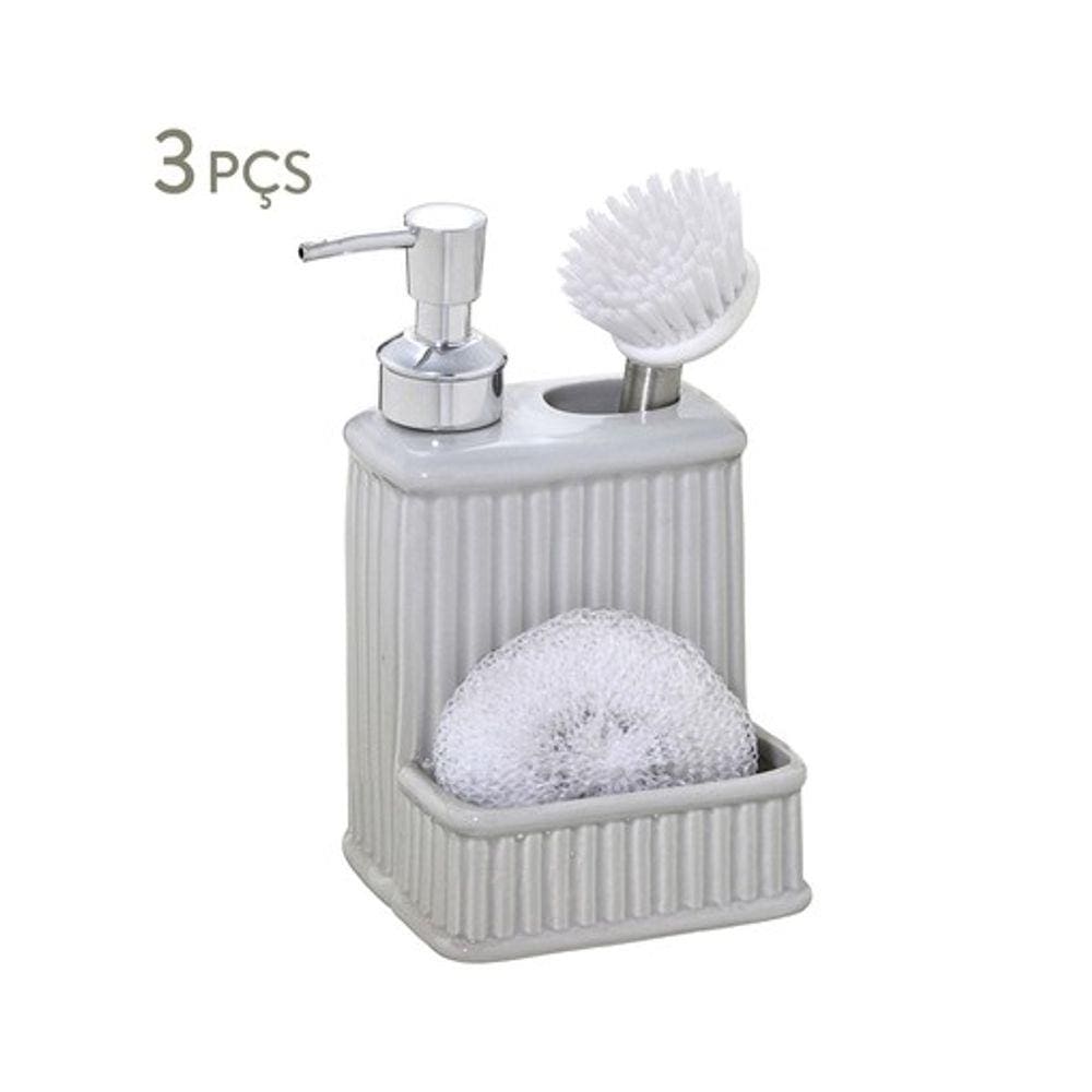 Kit Dispenser Em Ceramica Com Esponja E Escova Cinza