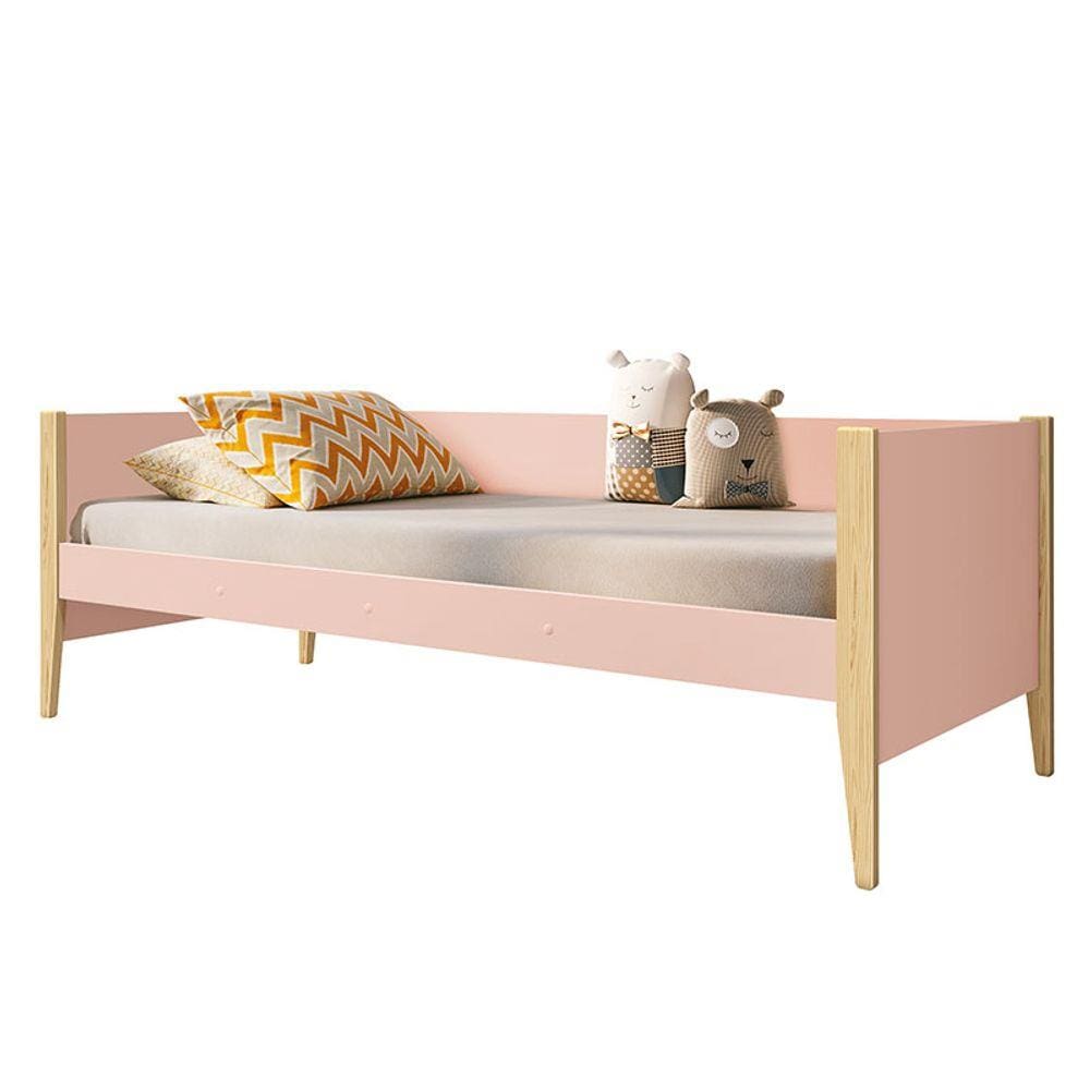 Cama Solteiro Noah Rosa com Pés Madeira Natural - Reller