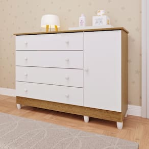 Cômoda Infantil 4 Gavetas com Fraldário Taís Branco Fosco com Amadeirado Carolina Baby