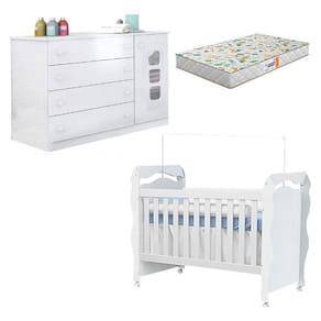 Berço Americano New Nanda com Cômoda Lívia Branco Brilho e Colchão Gazin - Phoenix