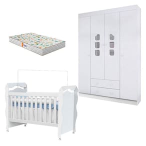 Berço Americano New Nanda com Guarda Roupa Lívia Branco Brilho e Colchão Gazin - Phoenix